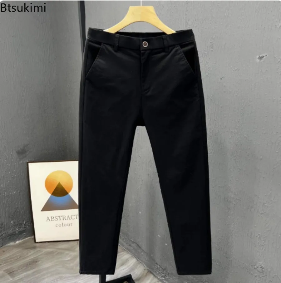 2025 Men's Solid Casual Trousers Summer Trendy Loose Thin Cotton Small Straight-leg Pants Fashionable Business Cropped Pants