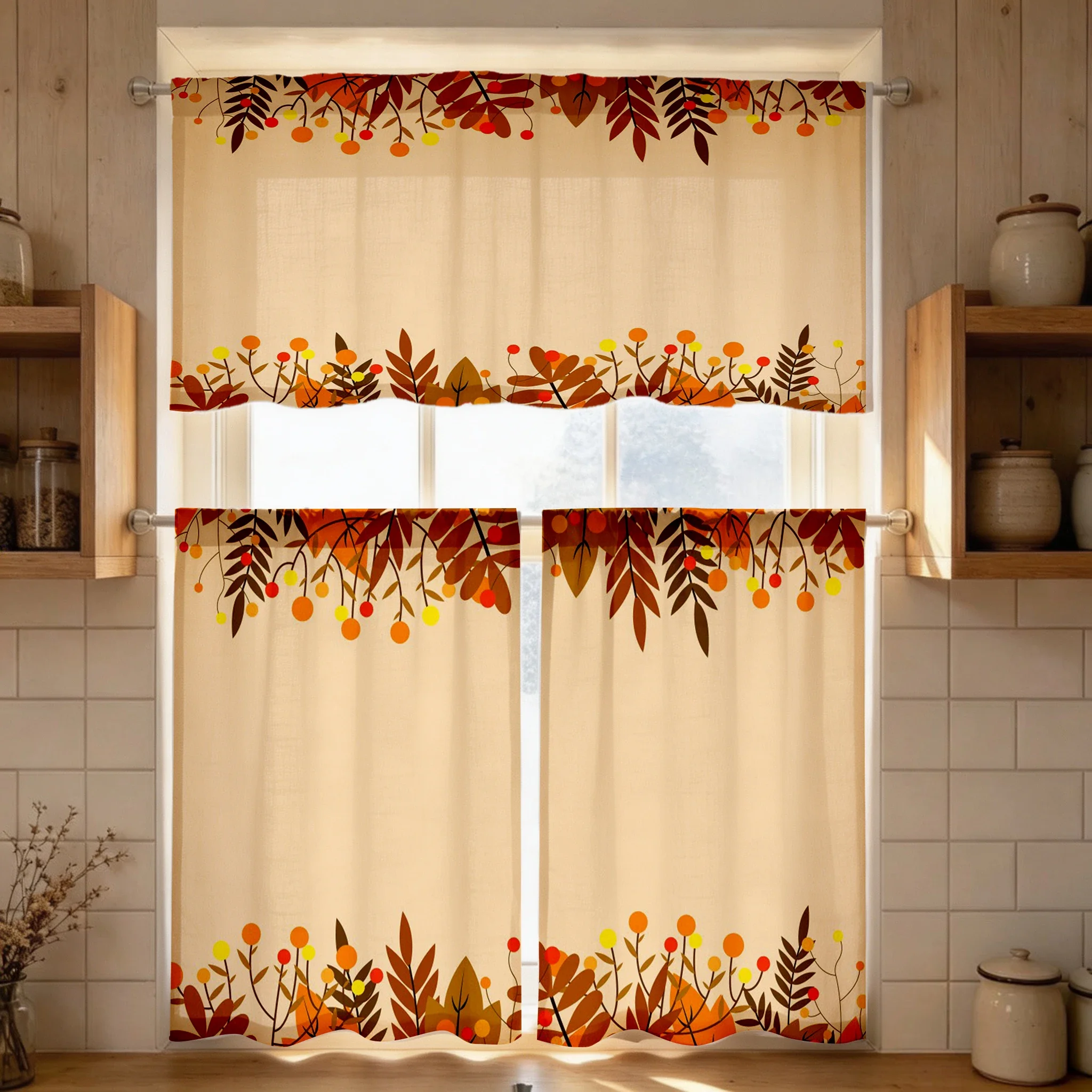 Thanksgiving Fall Kitchen Curtains, Branch Berry Frame, Digital Print, Kitchen Dining Room, Rod Pocket Polyester, Home Decor