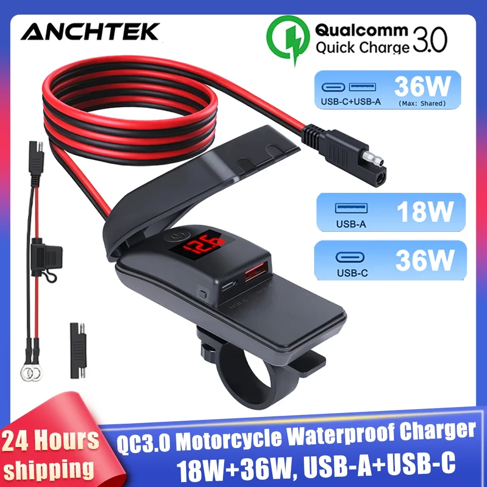 

Anchtek 36W QC3.0 Motorcycle USB Quick Charger Waterproof Power Supply Adapter with Switch Voltmeter Socket Moto Phone Charger