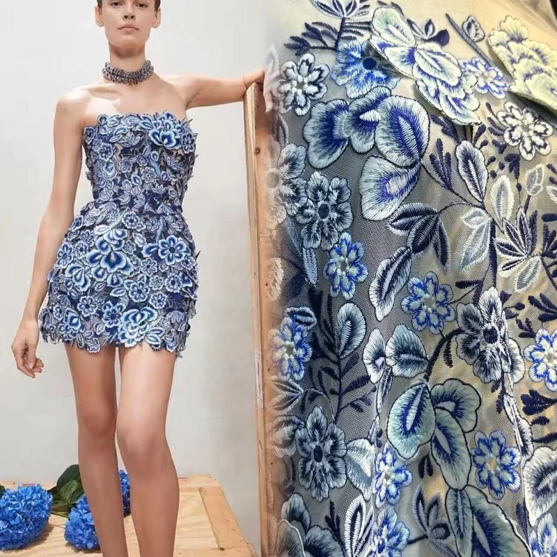 Handmade Three-dimensional Floral Blue and White Porcelain Mesh Embroidery Lace Fabric Dress Cheongsam Designer Fabric