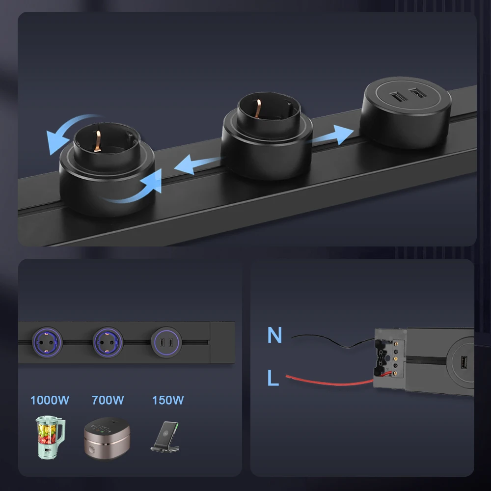 Rail Track Socket EU Standard Round Removable Adapter Plug Home Kitchen Meeting Wall Mounted Electrical Outlet With Usb