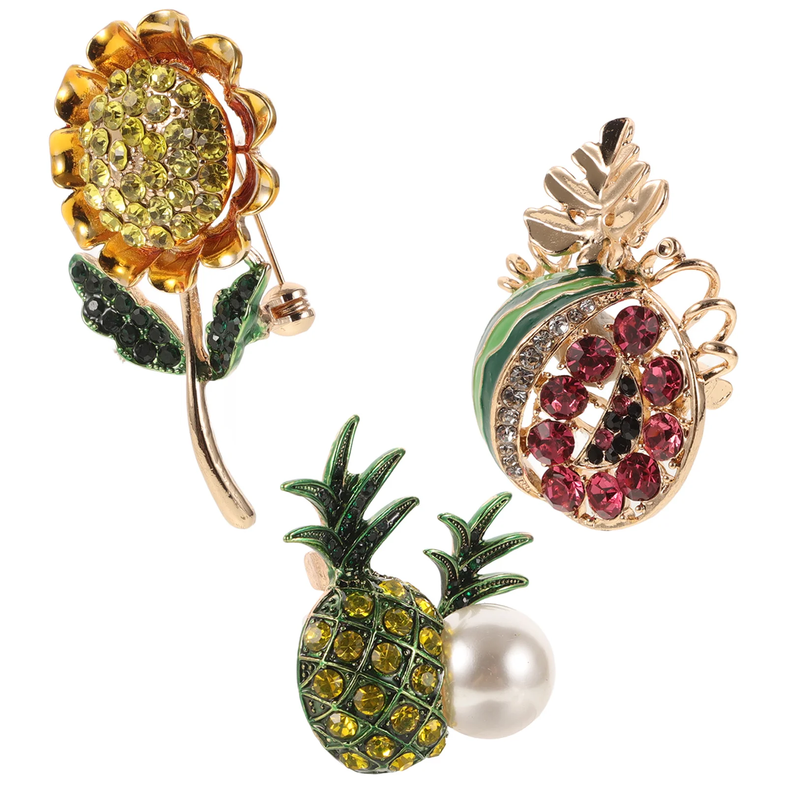 

3Pcs Fruit Brooch Set Pineapple Watermelon Sunflower Crystal Lapel Pin Trendy Fashion Jewelry for Wedding Summer Beach Party