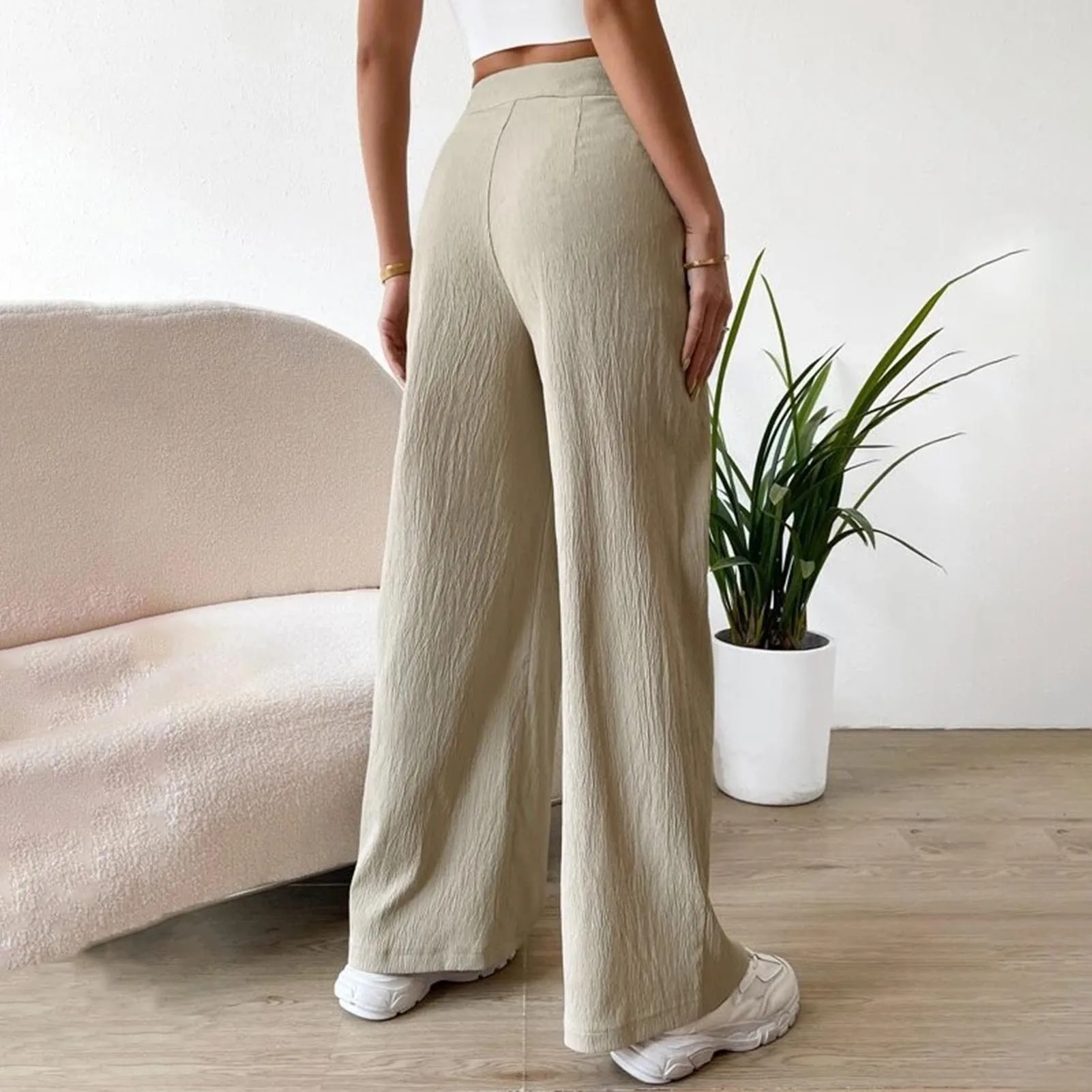 2023 Autumn Winter Women Casual Shirring Wide Leg Pants Fashion Solid Drawstring Floor Length Loose High Wasit Pants