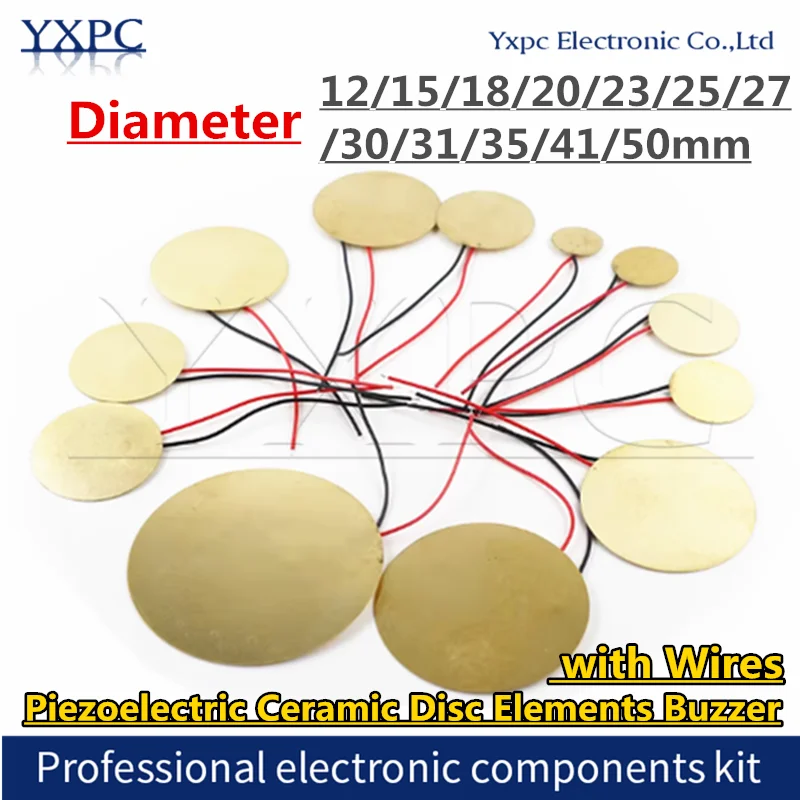 

5 шт. пьезоэлектрических керамических дисковых элементов (буззеров) с проводами, диаметр 12/15/18/20/23/25/27/30/31/35/41/50 мм, для зуммеров, динамиков, датчиков