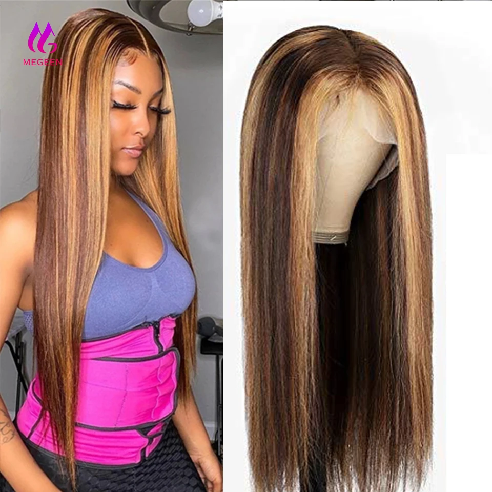 

Megeen Straight 13X4 Lace Front Wig 100% Human Hair Highlight P427 Colored Human Hair Pre Plucked Honey Blonde Lace Front Wig