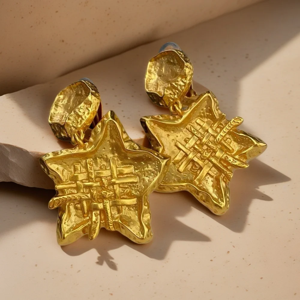 Yuri Ailey Vintage Hammered Textured Pentagram Dangle Earrings Women Woven Pattern Gold Star Drop Ear Clip French Jewelry