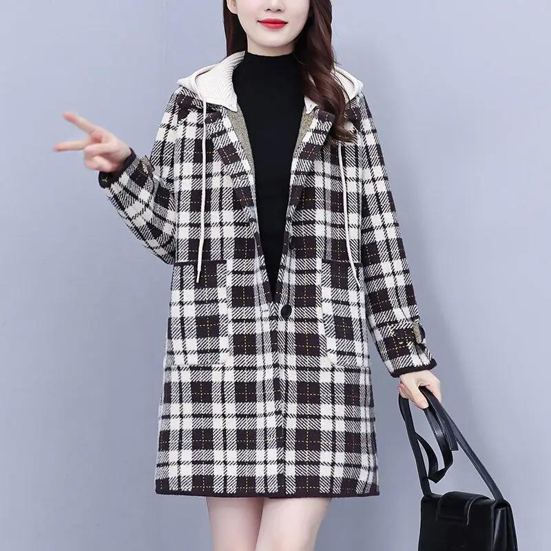 2023 Winter Long Plaid Jacket Women's Large Size Fashion Mink Plush Detachable Hat Coat Loose Fashion Overcoat Abrigos Z3043