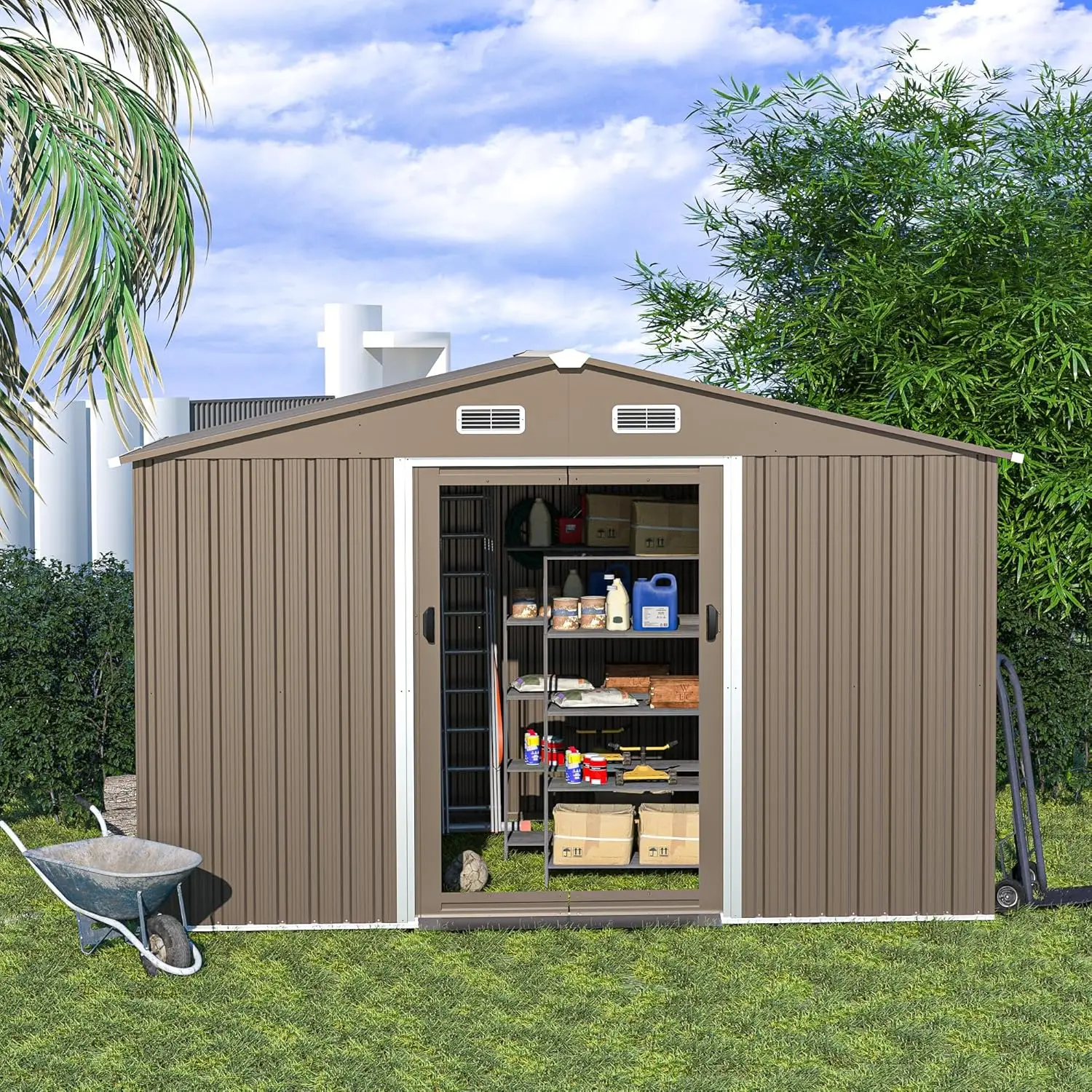 Kullavik 10FT x 8FT Outdoor Storage Shed,Waterproof Metal Tool Shed with Lockable Sliding Door and Air Vents,Metal Storage