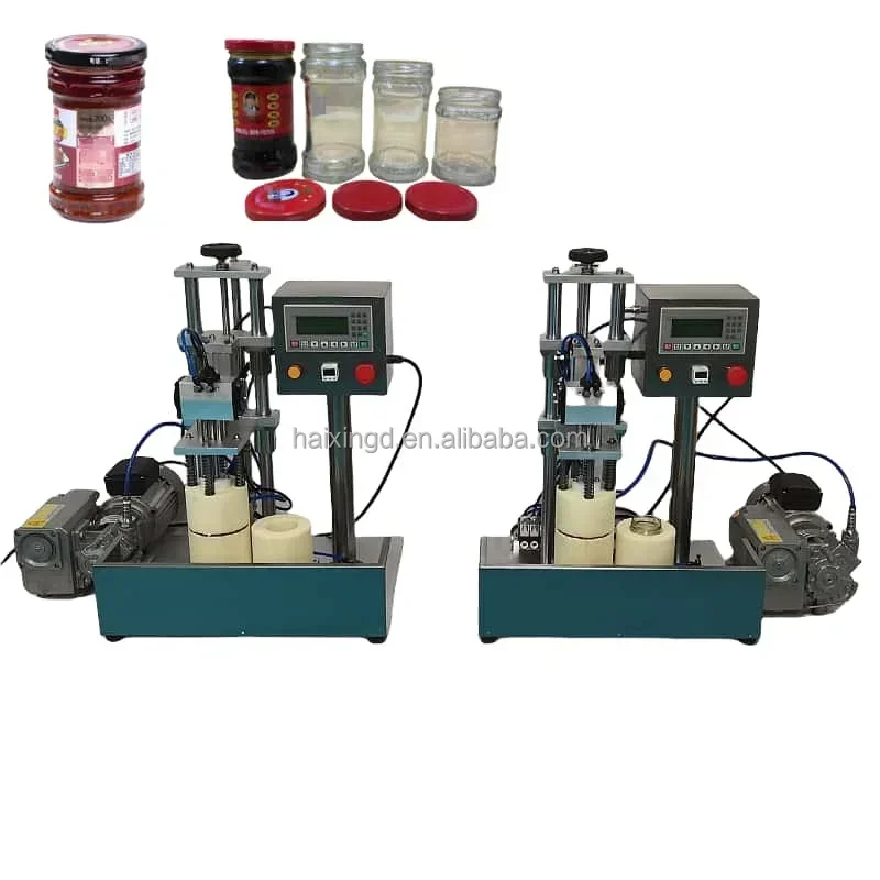 Máquina semiautomática de doble estación para tapado al vacío de tarros de miel, mantequilla de cacahuete, mermelada, kétchup, mayonesa y salsa picante en botellas de vidrio