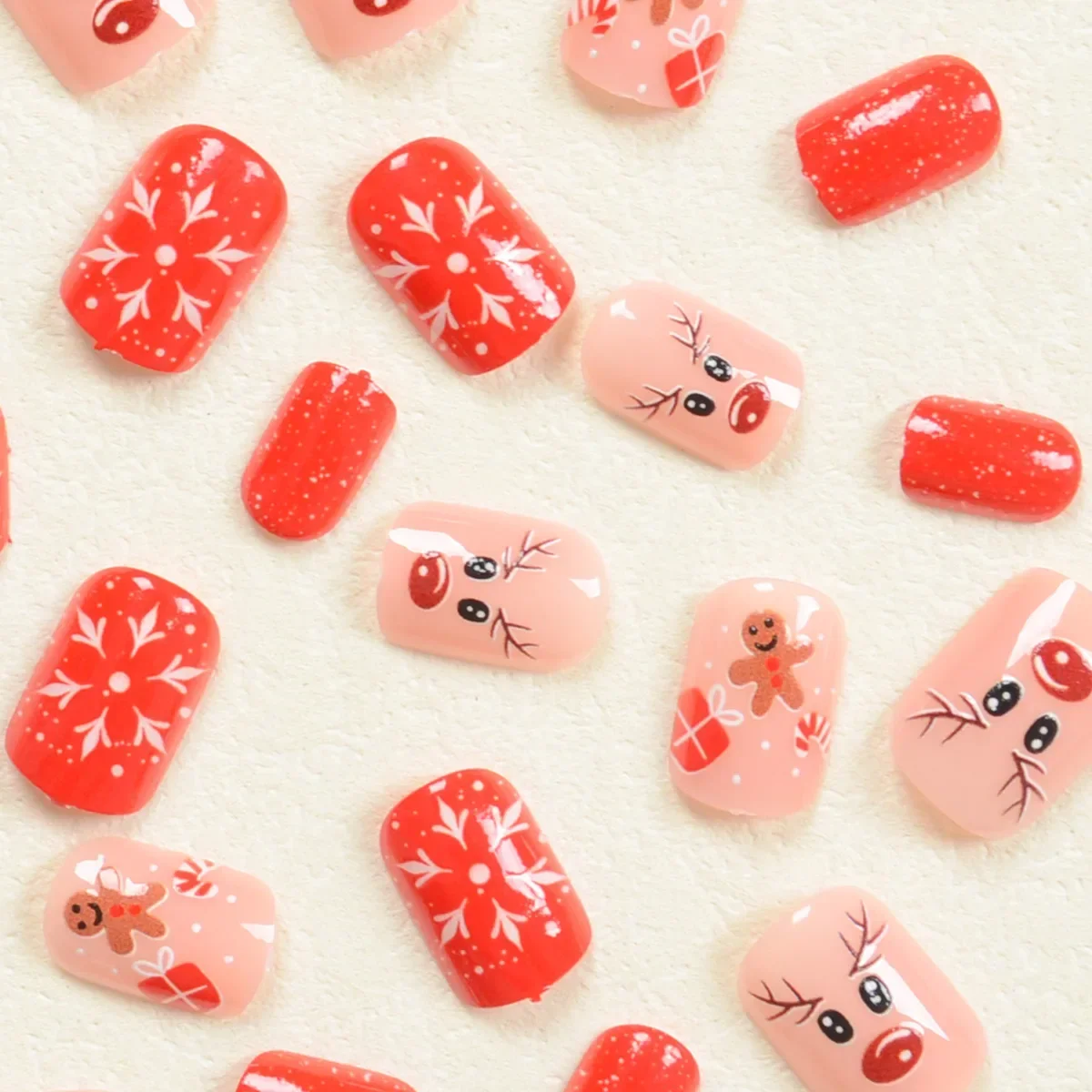 24Pcs Short Christmas Press-On Nails Cartoon Gingerbread Man,Reindeer,Snowman&Snowflake Designs Mixed Colors for Holiday Wear