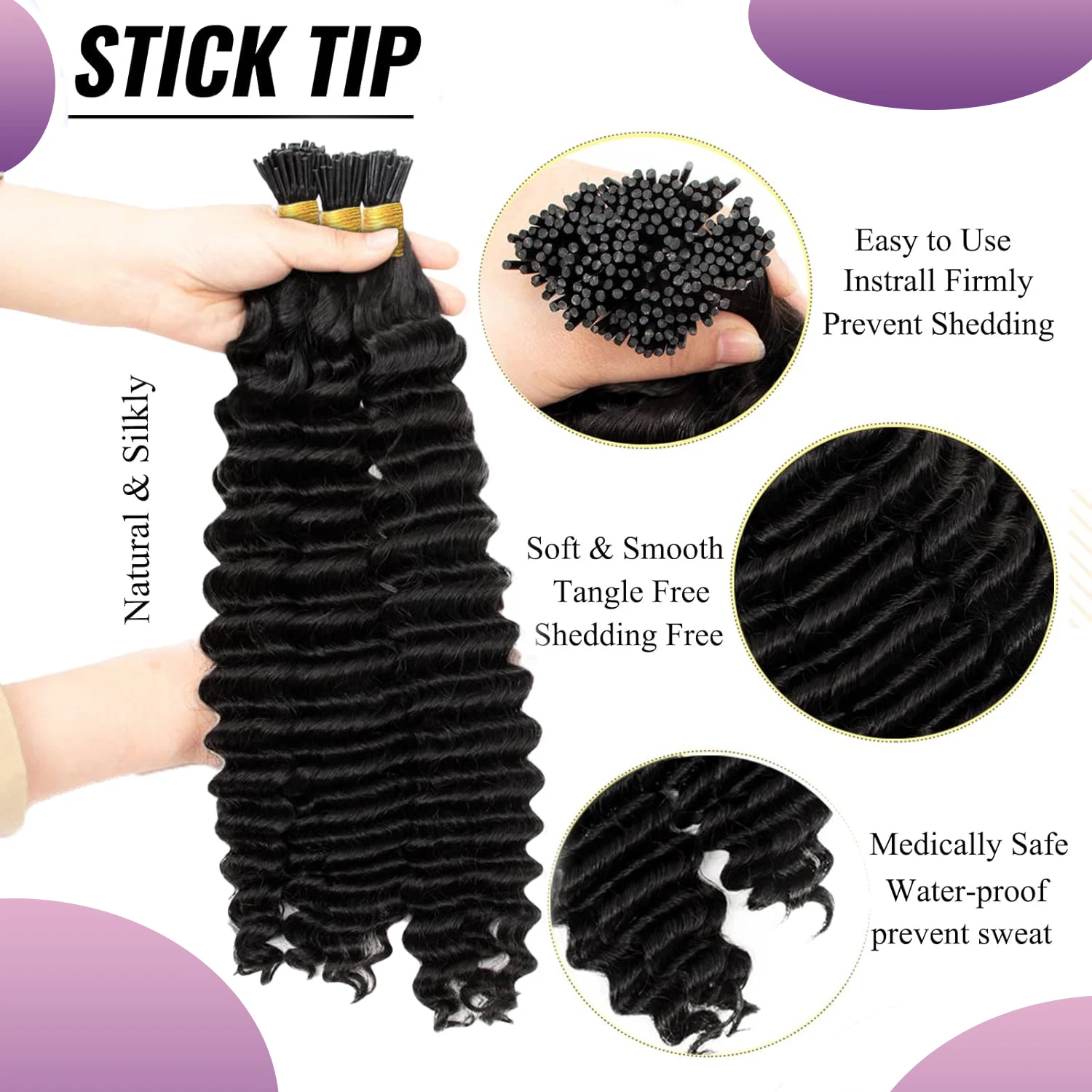 Microlink Deep Wave I Tip Human Hair Extension Pre Bonded Curly Brazilian Remy Hair Micro Stick I Tip Human Hair Natural Black