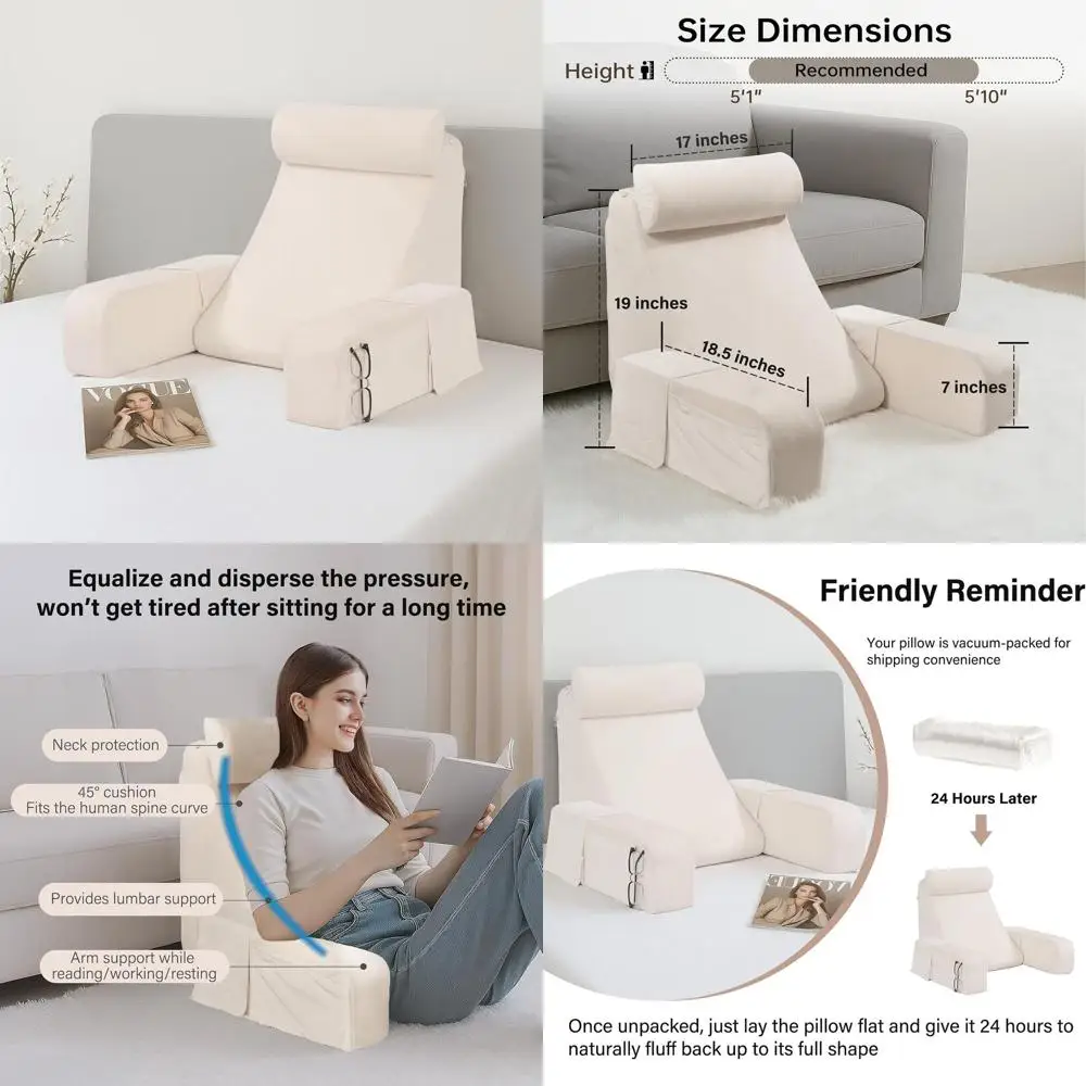 

19-дюймовая подушка для спинки кровати с большими карманами, моющийся чехол, идеально подходит для чтения, просмотра телевизора, игр и расслабления в постели или