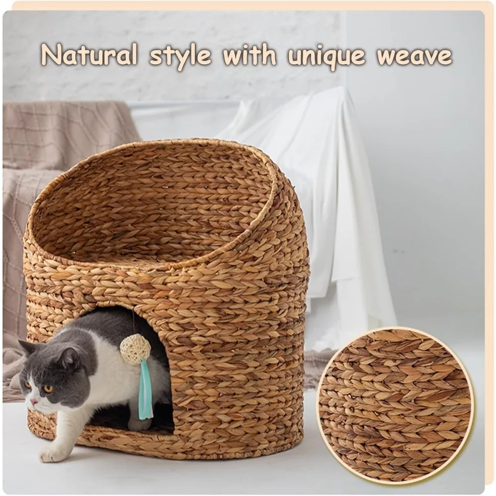 سرير للقطط من الخيزران الطبيعي، سرير كهف للقطط مصنوع يدويًا بطابقين، مثالي للقطط والقطط الداخلية بتصميم مضفر