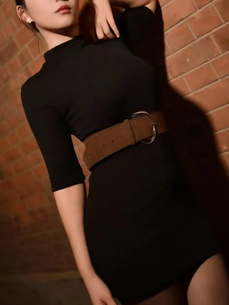 Schwarz Mini Kleid Bodycon für Frauen Halb Hohen Kragen Kurze Kleider Gürtel Halbarm Outfits Sexy Club Mode Weibliche Vestidos