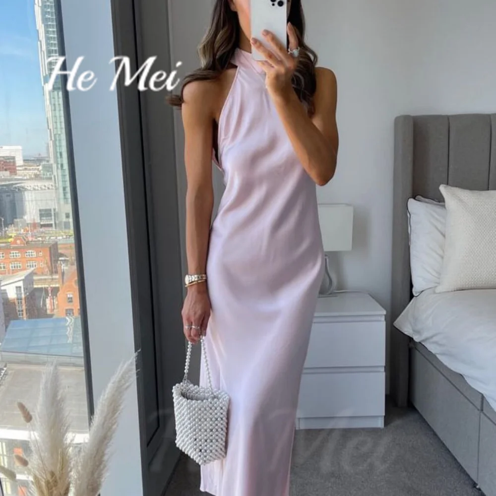 Elegant Prom Dresses Simple Beach Halter Sleeveless Customized Party Gowns Mid Calf Length Formal Evening Dress فساتين طويلة