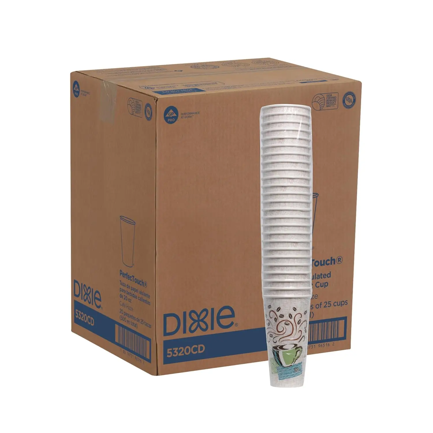 

PerfecTouch 20 oz Paper Coffee Cups by GP PRO, Coffee Haze Design, 500 Count (25 Disposable Cups Per Sleeve, 20 Sleeves