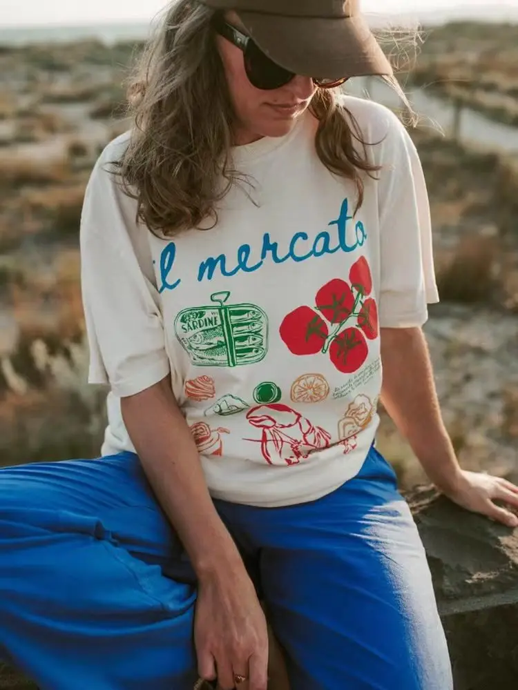 Creative Lobster Tomato Print American Vintage Oversized Casual Tshirt Female Clothing Cool Summer Short Sleeve O-neck Tees Tops