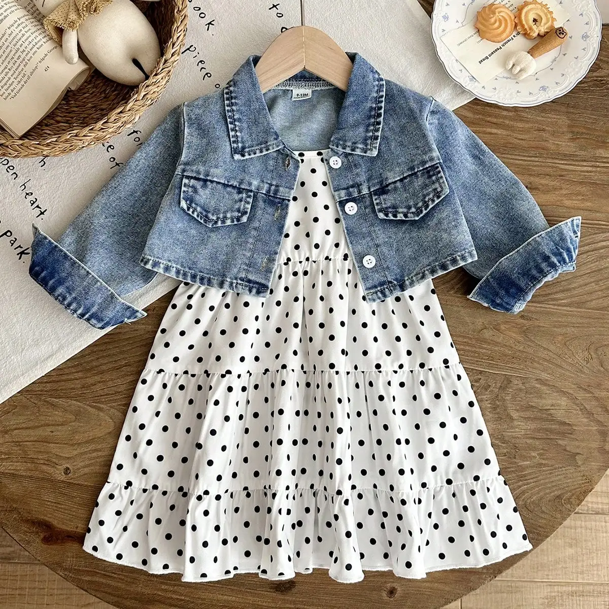 Baby girl spring-autumn denim short-sleeved jacket with polka dots and matching dress set - perfect for a gentle and versatile t