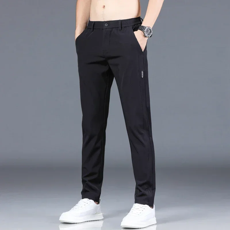 2024 Summer New Thin Ice Silk Stretch Men\'s Pants Casual Elastic Waist Smooth Trouser Pants Male Brand Clothing 5 Colour