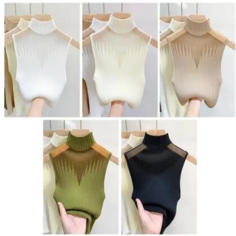 

Mesh Hanging Neck Semi-high Neck Knitted Small Vest Female Undershirt Sweater Sleeveless T-shirt Short Tanks Female