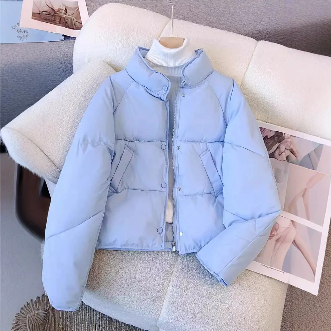 Women Stand Collar Short Puffer Jacket Winter Warm Drawstring Hem Loose Casual Quilted Coat