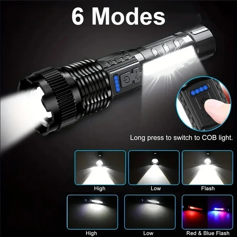 Powerful LED Zoom Flashlight Telescopic Tactical Torch Type-C Rechargeable Lamp Red Blue Double Flash Outdoor Camping Emergency