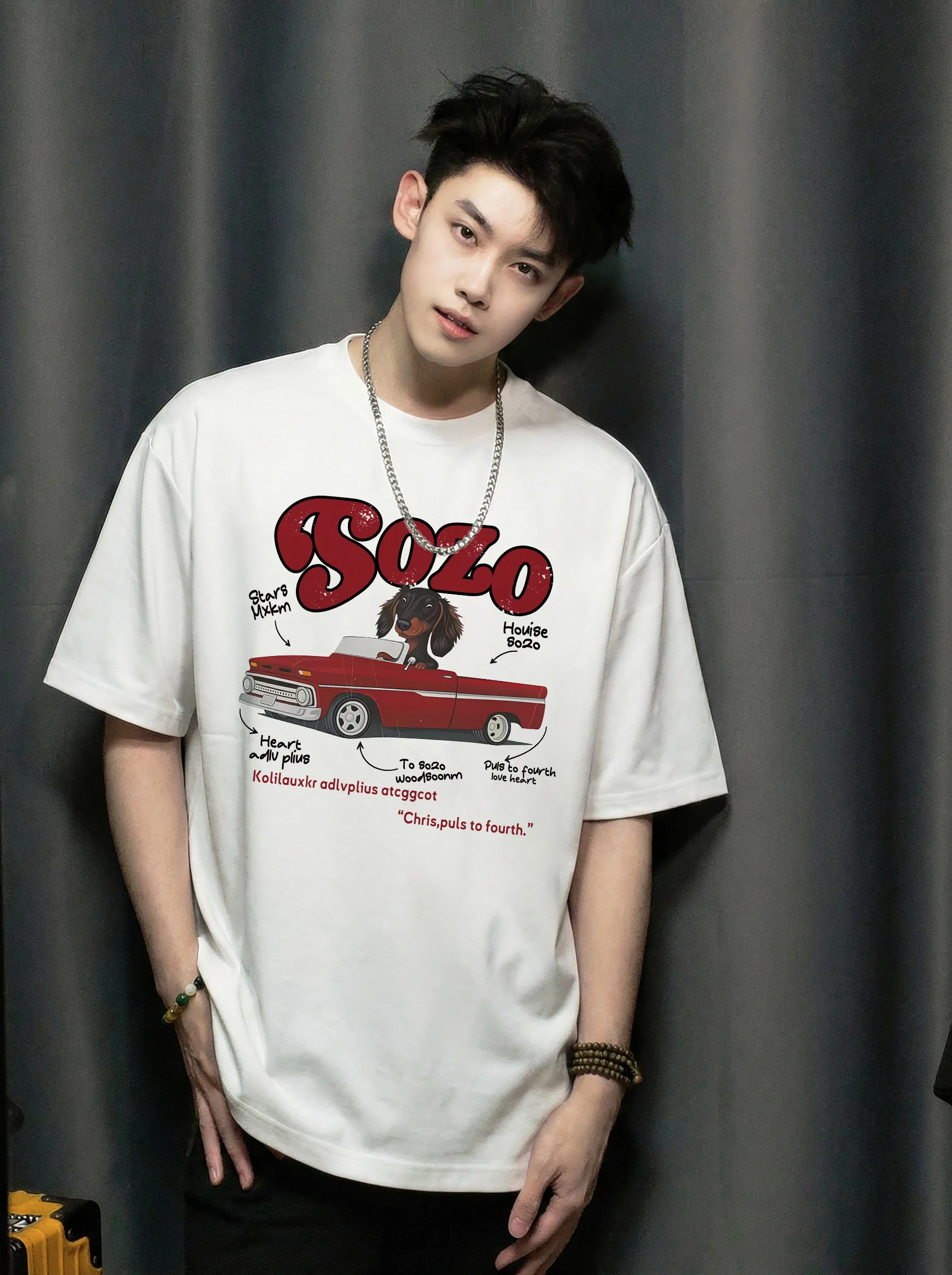 2026 Summer New Men American Fun Dachshund Convertible Car Letter Print White Loose Casual Round Neck Short Sleeve T-Shirt