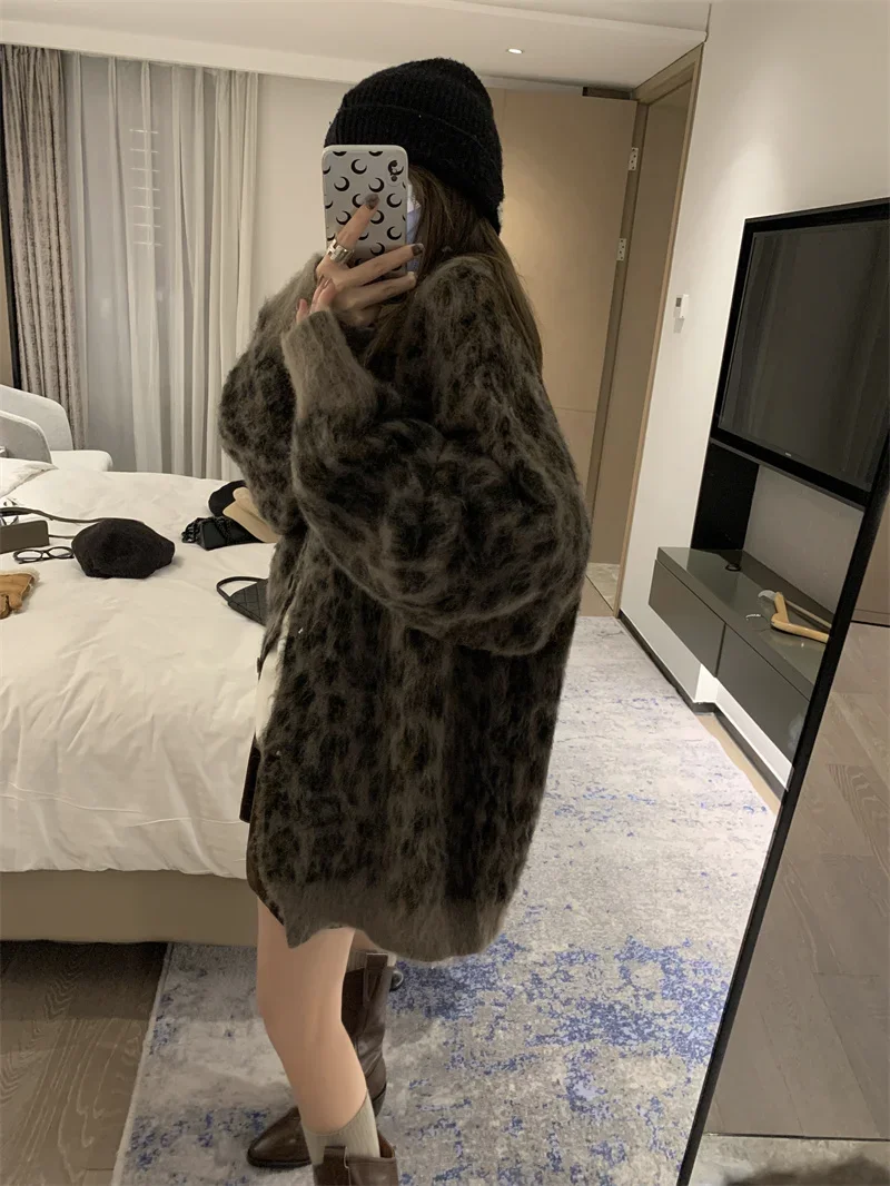 Mohair Leopard Print Knitted Cardigan for Women V-neck Long Sleeve Loose Single-breasted Sweater Coats Casual Autumn Fashion