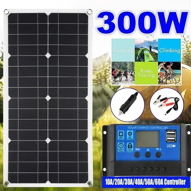 BMAD Portable Solar Panel Kit 300W 18V 5V Dual USB Charger Port 30A 60A Solar Charge Controller Off Grid Monocrystalline Module