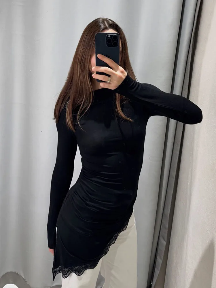 

HH женские элегантные шикарные повседневные топы женские весенние модные лодочные воротники с длинными рукавами асимметричный подол складки кружевной декоративный пуловер