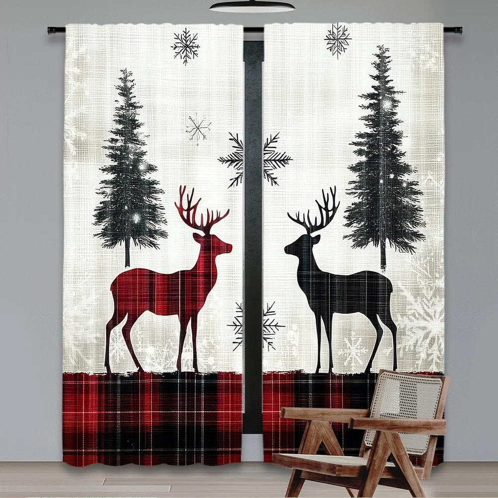 2pcs 2D flat printing Merry Christmas Party Curtains Winter Reindeer scopic and stylish 100% polyester fiber Festive Curtains