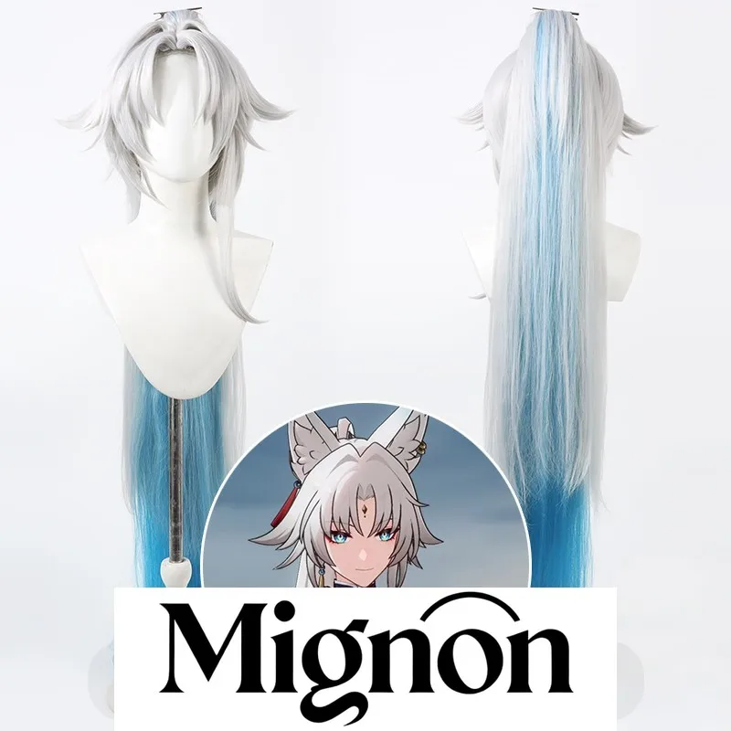 혼카이: 스타 레일 페이샤오 코스프레 가발 실버 화이트 그라데이션 포니테일 두피 할로윈 선물