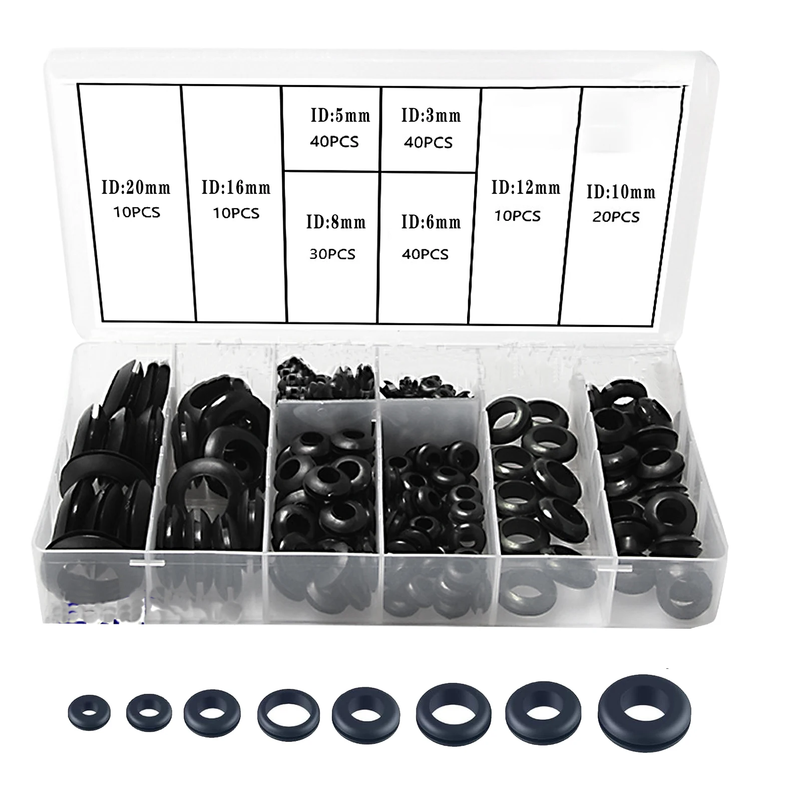 200pcs Rubber Grommet Kit, 8 Sizes Hollow Firewall Wire Grommets for Wiring, Hole Plugs, Automotive, Cord Organization