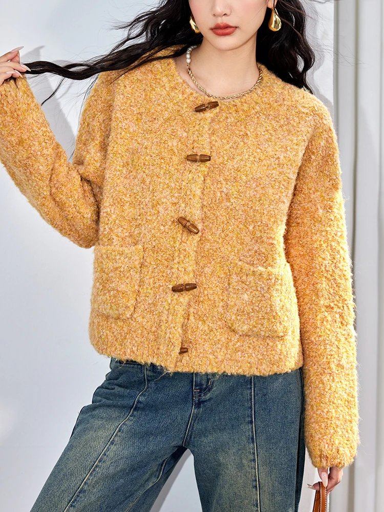 Soft Yellow Cardigans Women 2024 New Autumn Winter Sweater Jacket Coat Long Sleeve Loose Casual Tops Knit Sweater with Pocket