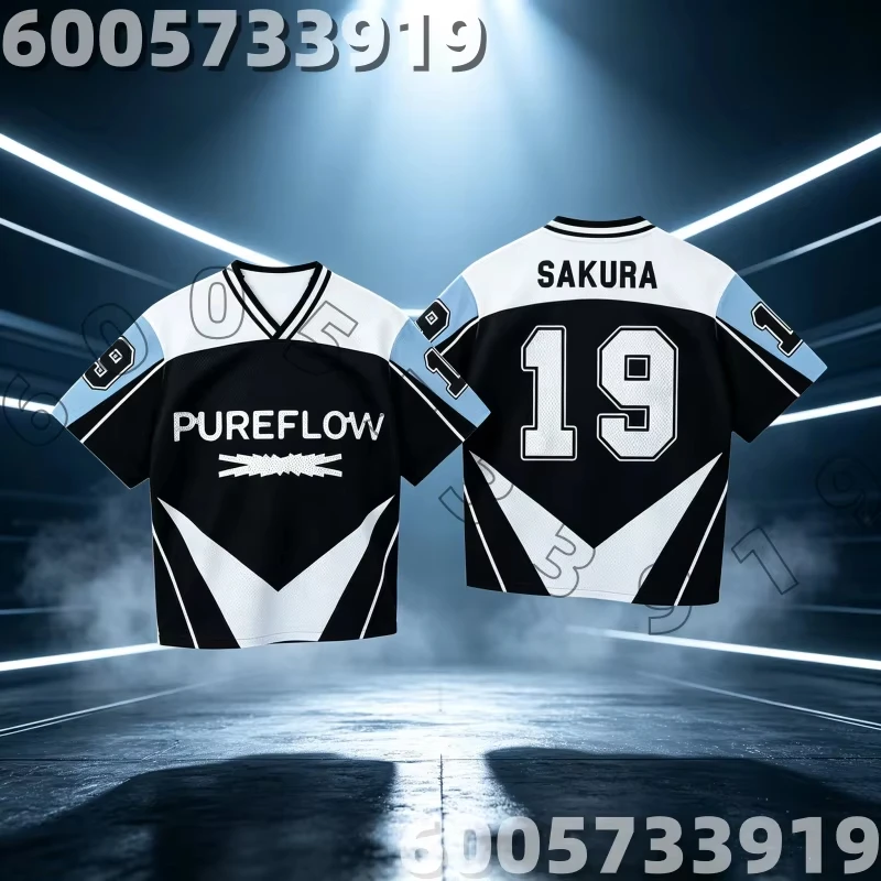 Fußballtrikot für K-Pop-Fans, feuchtigkeitsableitend, Schwarz, Weiß, Himmelblau, Sakura 19, Sport-T-Shirt, Girlgroup-Konzert, Familie, Kinder-T-Shirts