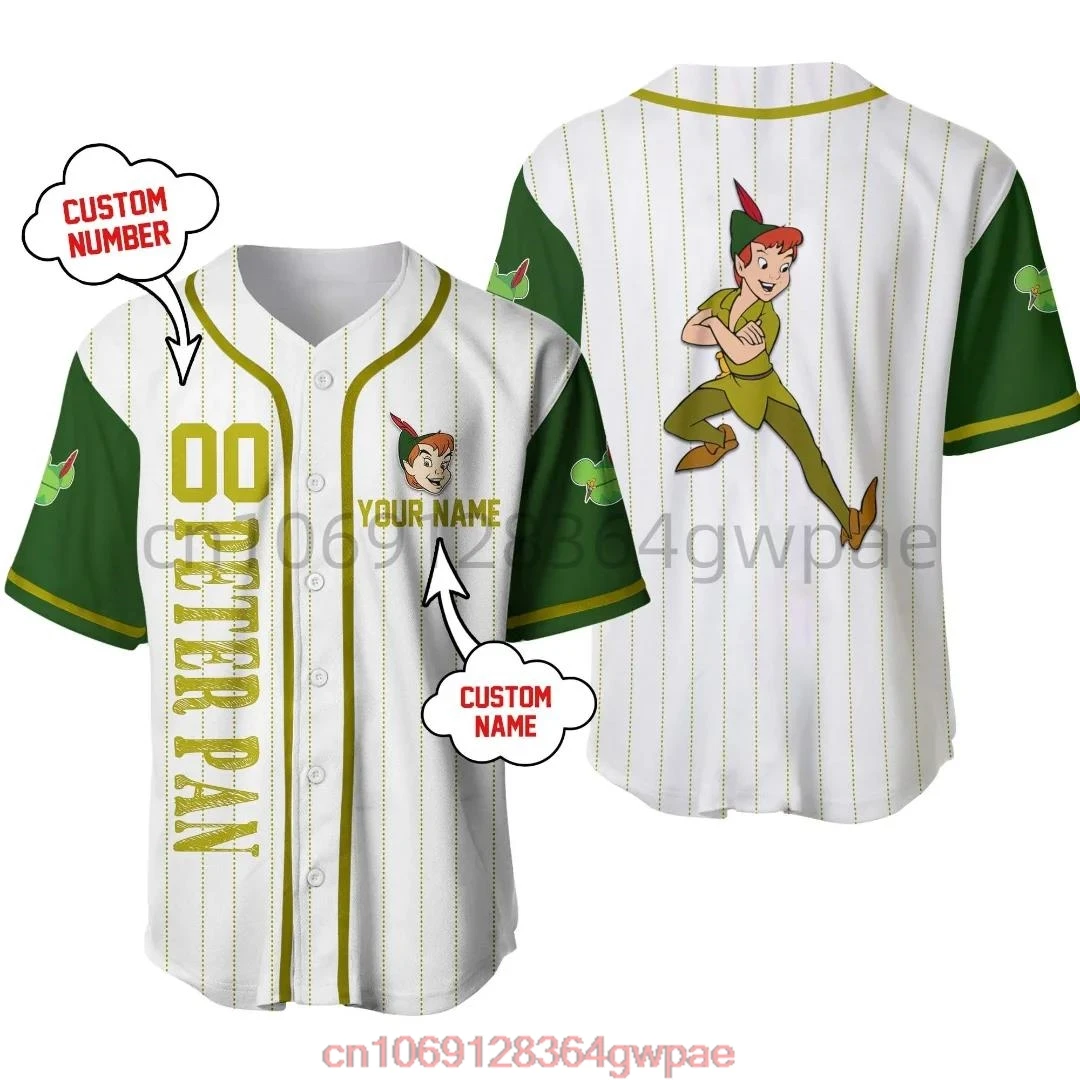 Disney Peter Pan Baseball Jersey Mens Women Short Sleeve Button Up Jersey Custom Name Disney Baseball Jersey Casual Sports Shirt