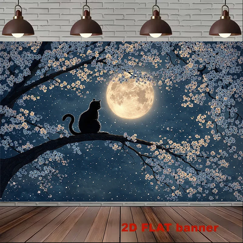 Celestial Full Moon Cat Cherry Blossom Tapestry Wall Hanging Anime Night Sky Floral Decor Polyester Art Print