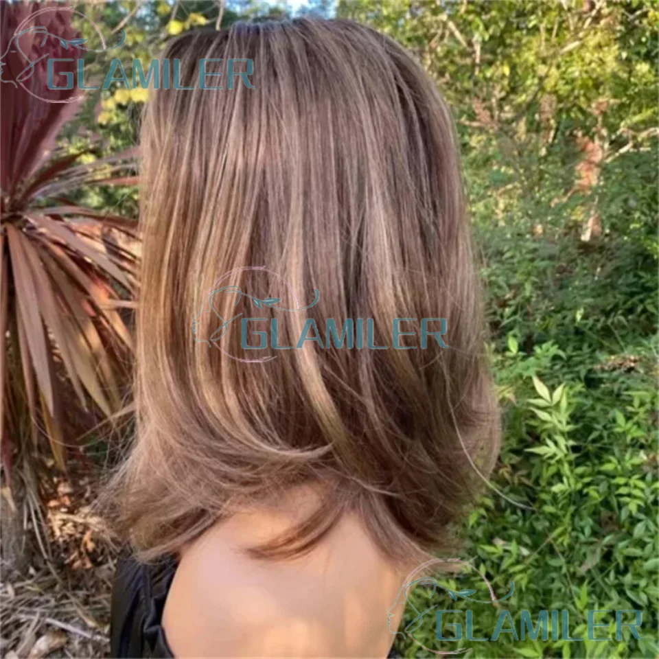 วิกผมบ๊อบสั้นแบบถอนขนแล้ว 13x6/360 สีน้ำตาล-บลอนด์ # วิกผมแบบไม่ต้องใช้กาว 4/27 ไฮไลท์ 5x5 ซิลค์ท็อป ปิดผมด้านหลัง  ปมฟอกสี