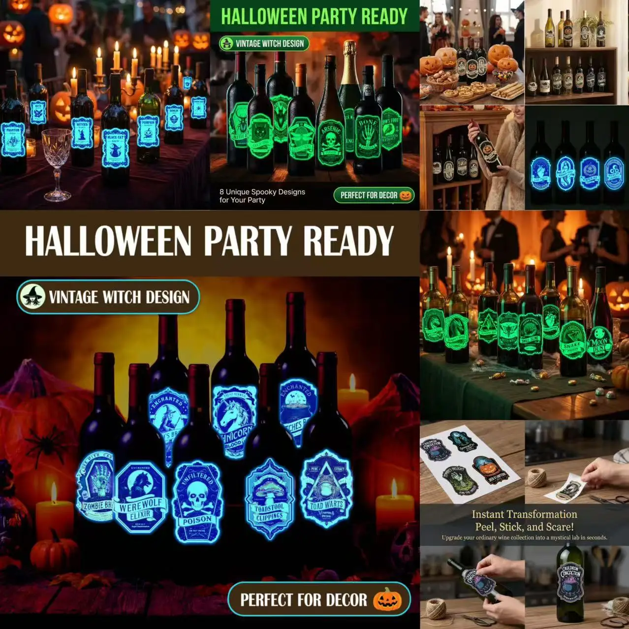 Halloween Glow in Dark Wine Bottle Stickers, PVC Witch Potion Label Decals, Fluorescent Wall Art for Party Decor