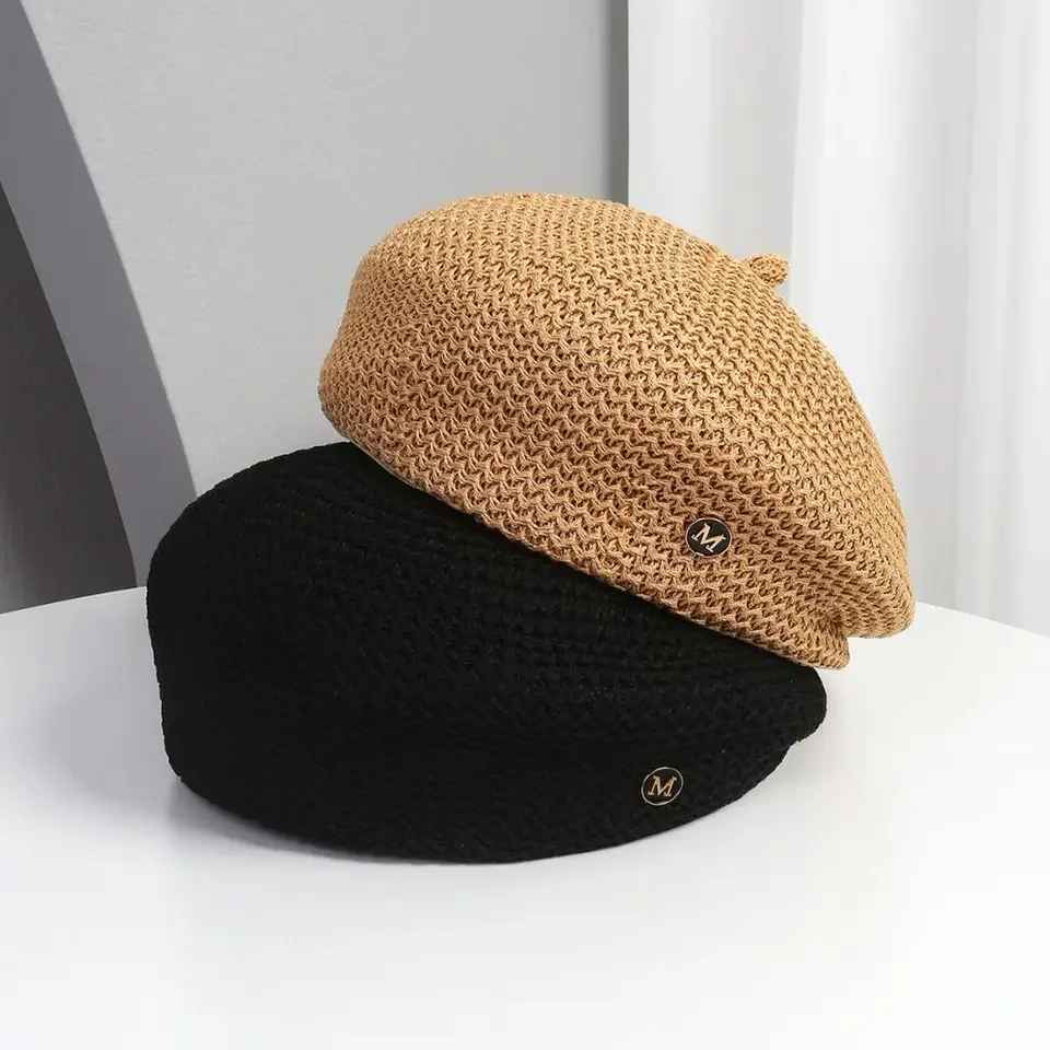 

Breathable M Letter Beret Hollow Knitting Adjustable Painter Hat Casual Summer Tourism Beret For 55-60 Head circumference