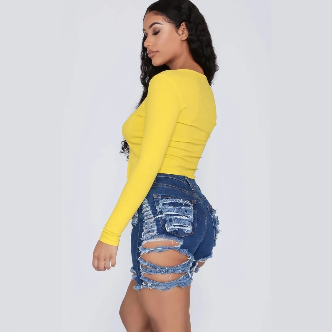 Women's Street Style High Waist Denim Shorts Five Parts Ripped Elastic Tear Jeans Short Pants Cotton PU Material