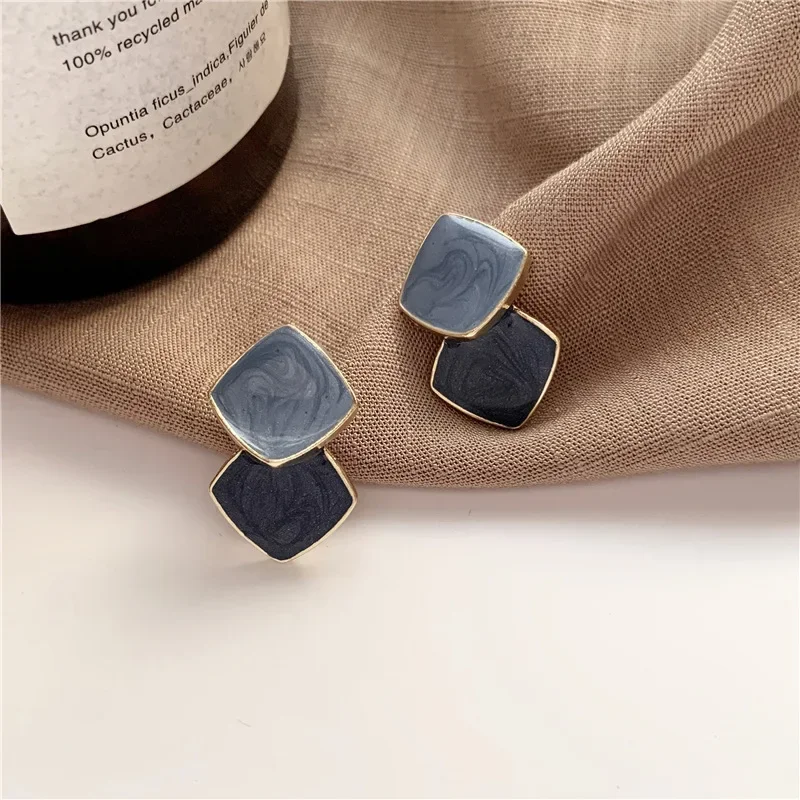 Korean Enamel Double Square Drop Earrings Unique Contrasting Colors Blue Geometric Rhombus Retro Women Elegant Trendy Jewelry