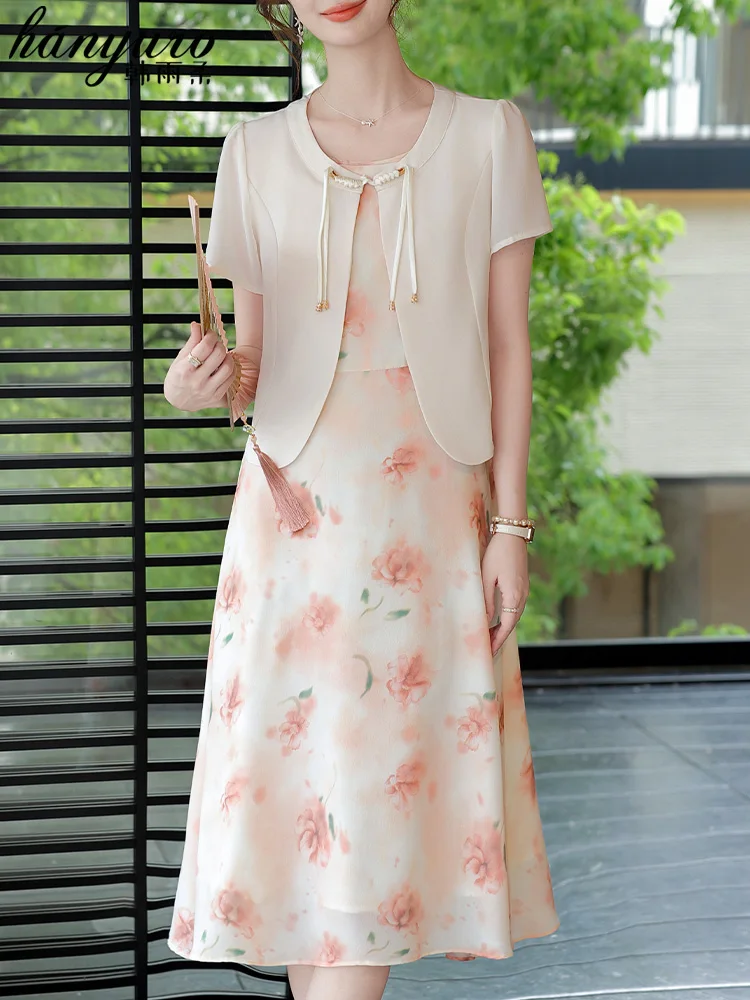 

Новый китайский летний комплект из шифона для женщин среднего возраста: модное платье свободного кроя с круглым вырезом, омолаживающий эффект