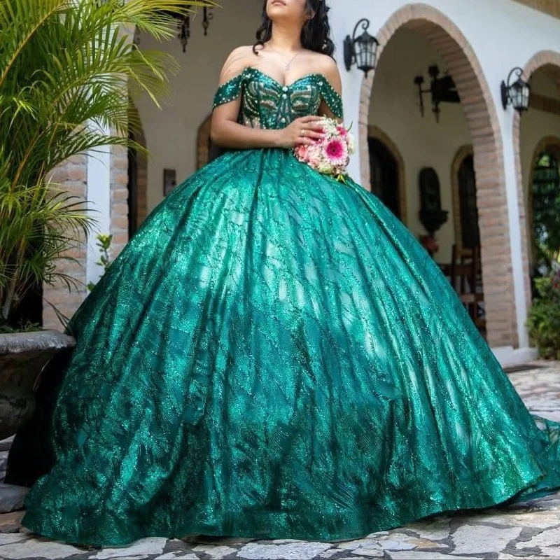 

Dark Green Shiny Quinceanera Dresses Off The Shoulder Sequin Beading Crystal Tull Party Birthday Sweet 16 Dress Vestidos 15 Anos
