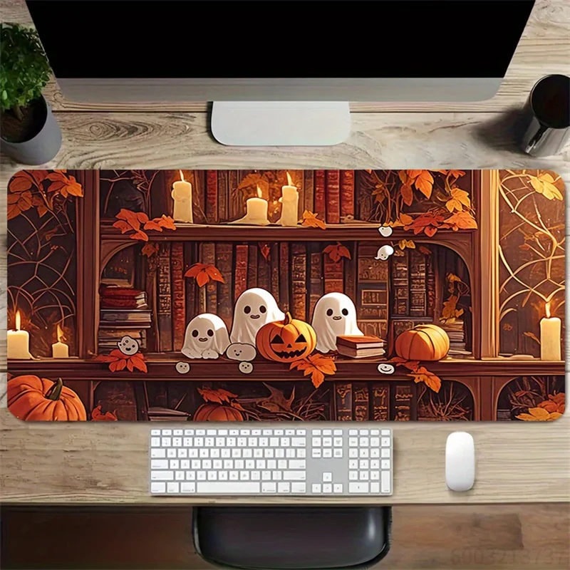 Cute Halloween XXL Mouse Pad – Adorable Ghosts, Pumpkins & Floral Art Extended Desk Mat for PC Laptop Gaming Office
