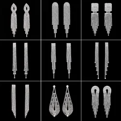 TREAZY NEW Rhinestones Tassels Long Earrings for Women Bling Crystal Hanging Dangle Drop Earrings Brincos Bridal Wedding Jewelry