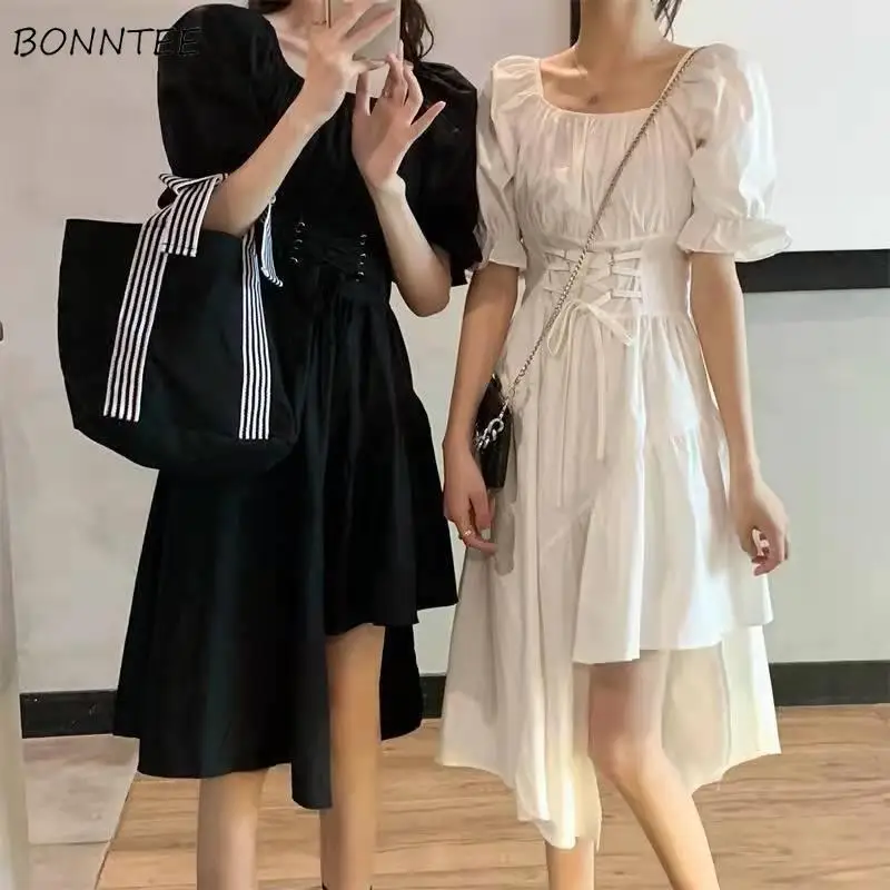 Vestido de manga curta feminina irregular streetwear doce menina bandagem carga irmã y2k nova princesa ulzzang chique casual jovem verão