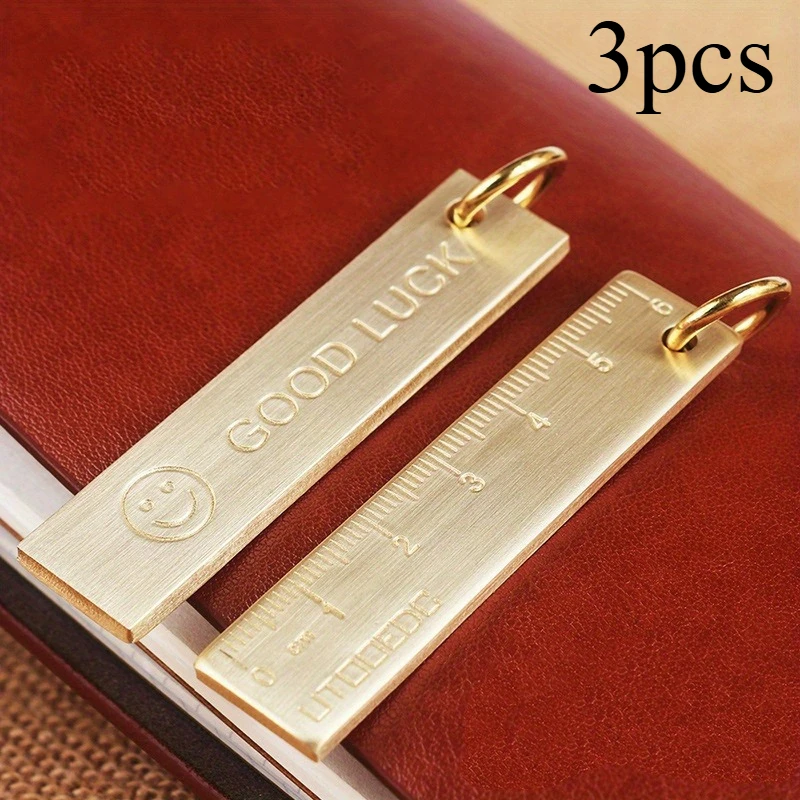 3pcs Thickened Miniature Pure Brass Metal Ruler With Keychain And Number Plate Pendant Happy Face Design