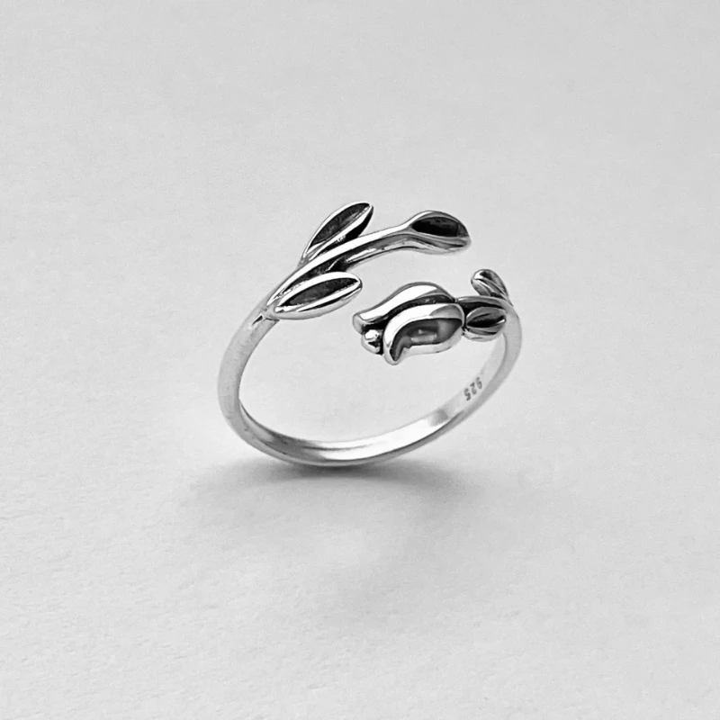 Vintage Silver Color Leaf Rose Blossom Open Ring, Women's Minimalist Design for Daily Wear, Holiday Accessories Jewelry