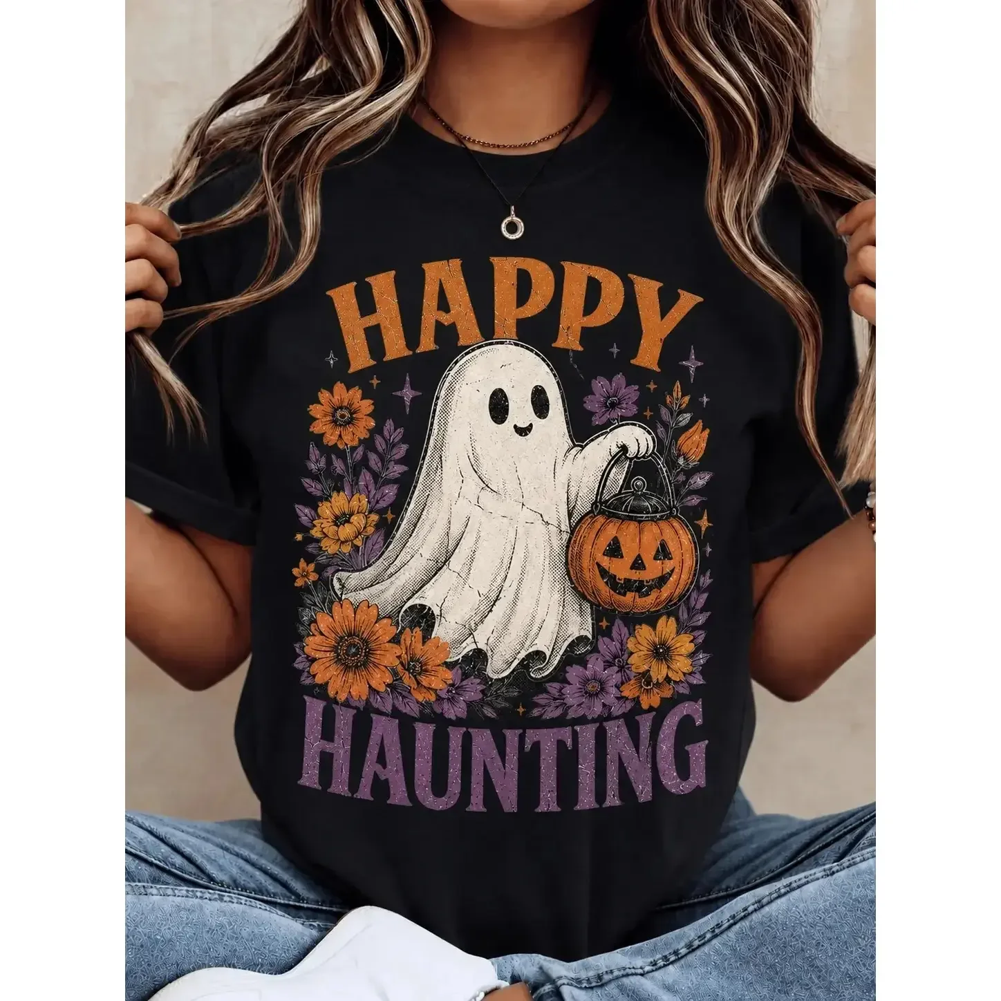 Women's Halloween T-Shirt, Casual Short Sleeve Graphic Top with Happy Haunting Ghost and Pumpkin Print for Parties, Graphics, ShortsleeveXX,Comfort Colors Men's T-shirt Women's T-shirt